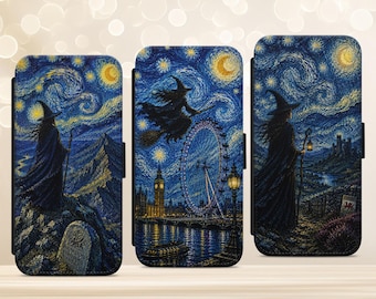 Witch Starry Night Gothic Wales London Phone Case for iPhone Samsung Google Pixel Vegan Leather Wallet Case
