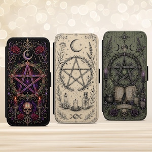 Witchy Print Pentagram White Magic Phone Case for iPhone Samsung Google Pixel Vegan Leather Wallet Case image 1