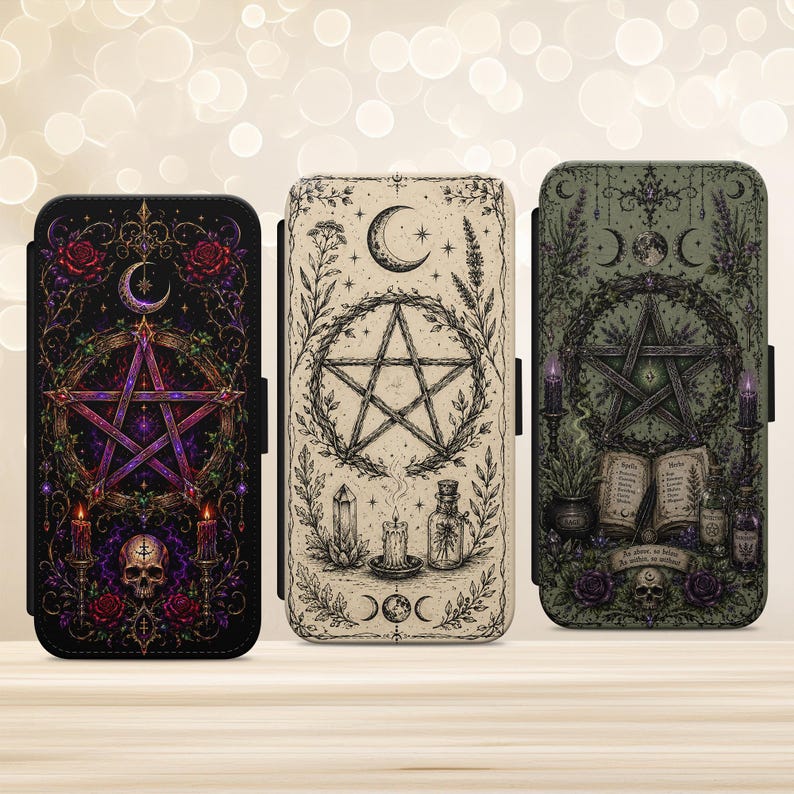 Witchy Print Pentagram White Magic Phone Case for iPhone Samsung Google Pixel Vegan Leather Wallet Case image 1