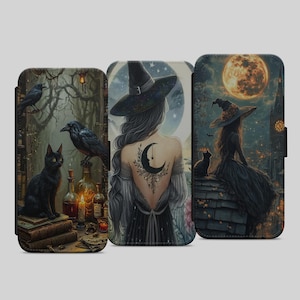 Funda tipo cartera con diseño de gato negro, cuervo y fantasía gótica para iPhone, Samsung y Google Pixel.