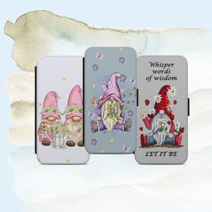 Capa para celular estilo carteira com estampa floral rosa Gnome Gonk para iPhone Samsung Huawei.