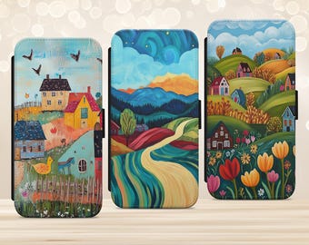 Folk Art Country Cottage Birds Phone Case for iPhone Samsung Galaxy Google Pixel Flip Wallet Holder