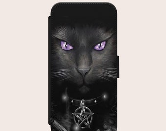 Black Cat Purple Eyes Gothic Pentagram Magic Witch Phone Case Vegan Leather Flip Wallet for iPhone Samsung Huawei Many Models Available