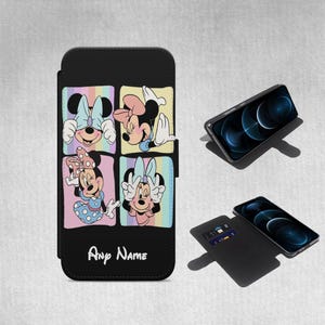 Capa de celular Minnie Mouse para iPhone Samsung Google Pixel Presente de Natal Nome personalizado Capa rosa personalizada para meninas Capa tipo carteira com aba
