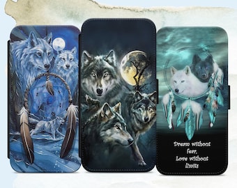 Wolf Gothic Dreamcatcher Phone Case Wallet - Vegan Leather Flip Cover for iPhone Samsung Pixel