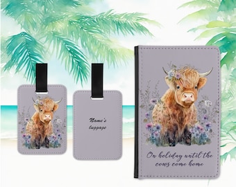 Portapassaporto e porta-bagagli con motivo floreale pastello ad acquerello raffigurante una mucca delle Highlands