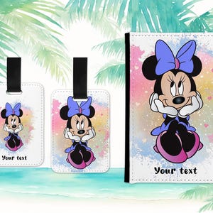 Minnie mouse pink girls personalised passport cover holder and luggage tag set name tag first passport stitch print family trip vacation