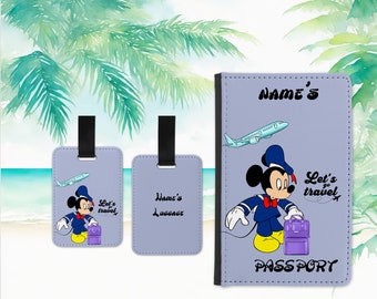 Mickey Mouse travel personalised custom made blue passport cover and luggage tag set