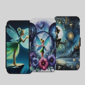 May include: Three phone cases with fairy illustrations. The cases feature a fairy in a green dress with a large moon in the background, a fairy with flowers, and a fairy sitting on a branch with a castle in the background. The cases have a black border.