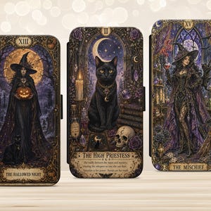 May include: Three rectangular phone cases featuring detailed fantasy illustrations. The left case shows a witch with a pumpkin, the centre case depicts a black cat titled The High Priestess, and the right case displays a witch titled The Mischief.