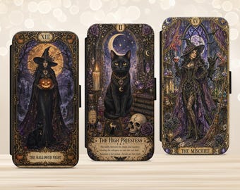 Witch Black Cat Tarot Cards Phone Wallet Case iPhone Samsung Google Pixel Gothic Raven Vegan Leather Cover