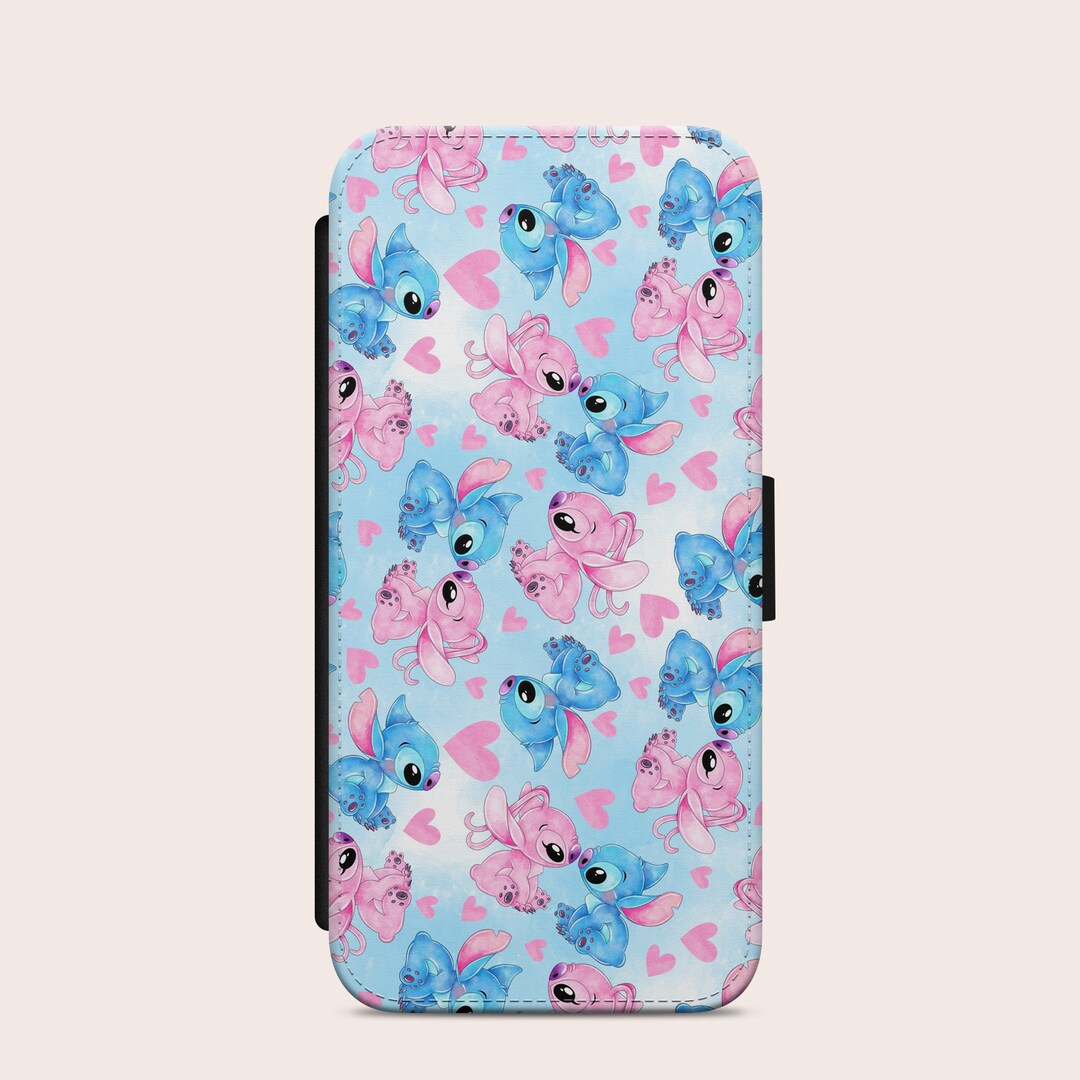 Lilo and Stitch Angel Watercolour Pink Blue Pattern Phone Case Flip
