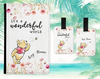 Floral Winnie the Pooh Passport Cover and Luggage Tag Set