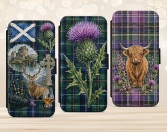 Scottish Phone Case for iPhone Samsung Galaxy Google Pixel Flip Wallet Holder Highland Cow Scotland Tartan