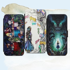 Capa de celular estilo gótico com estampa de Alice no País das Maravilhas e carteira para iPhone Samsung Google Pixel Vários modelos disponíveis