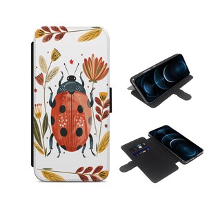 Capa de celular com estampa de inseto escandinavo, estilo folk art, carteira flip para iPhone, Samsung, Google Pixel, floral, aquarela