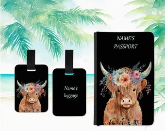 Highland cow floral watercolour black passport holder and luggage tag