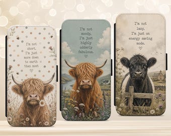 Highland Cow Vegan Leather Phone Case Flip Wallet Floral Funny Quote
