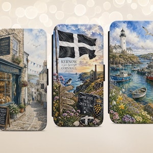 May include: Three rectangular phone cases featuring detailed landscape illustrations of Cornwall. The designs depict a bakery on a cobblestone street, the Cornish flag with regional landmarks, and a coastal harbour scene with a lighthouse and boats.