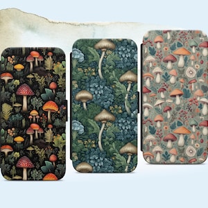 Capa para celular com estampa de cogumelo e floresta de outono, tipo carteira, para iPhone, Samsung Pixel, iPhone 16, 15, 14, 13, 12, 11.. Samsung A14, A15, A25, A35, A54..