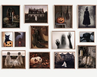 Könnte beinhalten: Eine Sammlung von 12 gerahmten Halloween-Prints mit Bildern eines Spukhauses, einer Hexe, einer schwarzen Katze, eines Kürbisses, eines Geistes und anderer gruseliger Bilder.
