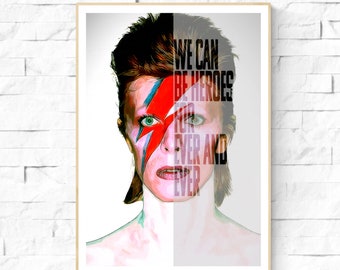 Heroes David Bowie Lyrics Poster.  We can be heroes Ziggy Stardust wall art. Retro Bowie Poster Wall Art.