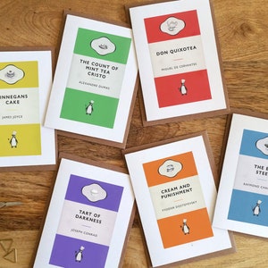 Paquete de tarjetas de té de la tarde Penguin Classic Greeting Cards. Food Pun Literary Classic Pack de 6 tarjetas de felicitación A6 con sobres. En blanco por dentro