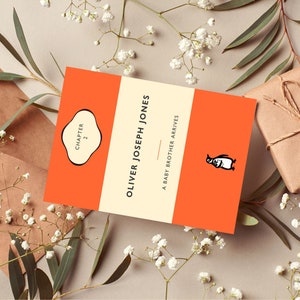 Maßgeschneiderte Baby Grußkarte Maßgeschneiderte Pinguin Buch Karte für neues Baby. Neues Babygeschenk. Neues Elterngeschenk. Personalisiertes Baby Geschenk. Personalisierte Karte