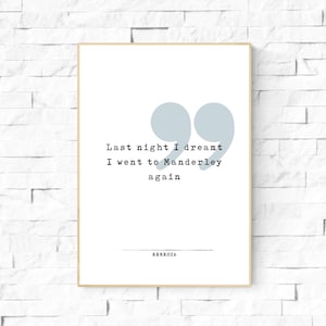 Rebecca Manderley Quote Poster. Daphne du Maurier Last night I dreamed I went to Manderley. Literary Quote Wall Art