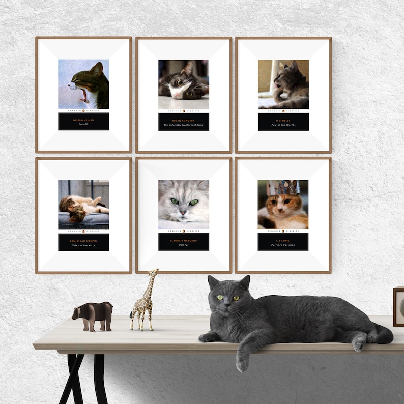 Set of 3 or 6 Literary Cat Pun Penguin Classic Book Covers. Great gift for a cat lover image 1