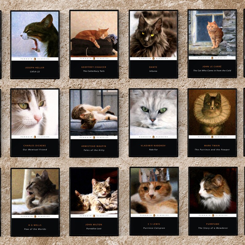 Set of 3 or 6 Literary Cat Pun Penguin Classic Book Covers. Great gift for a cat lover image 3