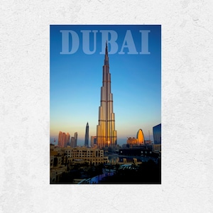 Dubai Modern Skyline Travel Poster Burj Khalifa at sunset UAE Skyscraper