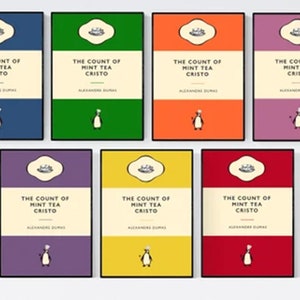 May include: Eight book covers with a penguin illustration and the title "The Count of Mint Tea Cristo" by Alexandre Dumas. The covers are in different colors: blue, green, orange, purple, purple, yellow, and red.