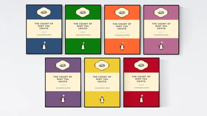 May include: Eight book covers with a penguin illustration and the title "The Count of Mint Tea Cristo" by Alexandre Dumas. The covers are in different colors: blue, green, orange, purple, purple, yellow, and red.