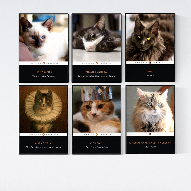 Set of 3 or 6 Literary Cat Pun Penguin Classic Book Covers. Great gift for a cat lover image 4