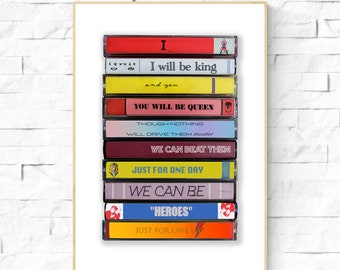 Heroes David Bowie Lyrics Poster.  We can be heroes cassette tape wall art. Retro Bowie Poster Wall Art.