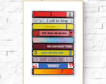 Heroes David Bowie Lyrics Poster.  We can be heroes cassette tape wall art. Retro Bowie Poster Wall Art.