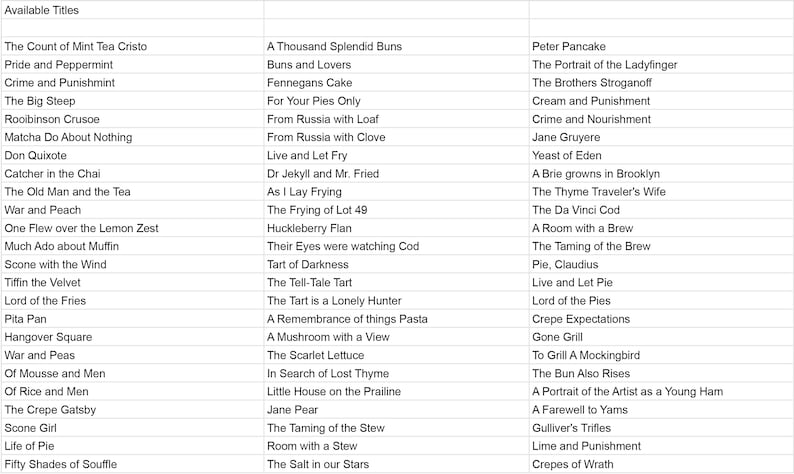 May include: A list of creative food-themed titles, including "The Count of Mint Tea Cristo", "Pride and Peppermint", "Crime and Punishmint", "The Big Steep", "Rooibinson Crusoe", "Matcha Do About Nothing", "Don Quixote", "Catcher in the Chai", "The Old Man and the Tea", "War and Peach", "One Flew over the Lemon Zest", "Much Ado about Muffin", "Scone with the Wind", "Tiffin the Velvet", "Lord of the Fries", "Pita Pan", "Hangover Square", "War and Peas", "Of Mousse and Men", "Of Rice and Men", "The Crepe Gatsby", "Scone Girl", "Life of Pie", "Fifty Shades of Souffle", "A Thousand Splendid Buns", "Buns and Lovers", "Fennegans Cake", "For Your Pies Only", "From Russia with Loaf", "From Russia with Clove", "Live and Let Fry", "Dr Jekyll and Mr. Fried", "As I Lay Frying", "The Frying of Lot 49", "Huckleberry Flan", "Their Eyes were watching Cod", "Tart of Darkness", "The Tell-Tale Tart", "The Tart is a Lonely Hunter", "A Remembrance of things Pasta", "A Mushroom with a View", "The Scarlet Lettuce", "In Search of Lost Thyme", "Little House on the Prailine", "Jane Pear", "The Taming of the Stew", "Room with a Stew", "The Salt in our Stars", "Peter Pancake", "The Portrait of the Ladyfinger", "The Brothers Stroganoff", "Cream and Punishment", "Crime and Nourishment", "Jane Gruyere", "Yeast of Eden", "A Brie growns in Brooklyn", "The Thyme Traveler's Wife", "The Da Vinci Cod", "A Room with a Brew", "The Taming of the Brew", "Pie, Claudius", "Live and Let Pie", "Lord of the Pies", "Crepe Expectations", "Gone Grill", "To Grill A Mockingbird", "The Bun Also Rises", "A Portrait of the Artist as a Young Ham", "A Farewell to Yams", "Gulliver's Trifles", "Lime and Punishment", "Crepes of Wrath".