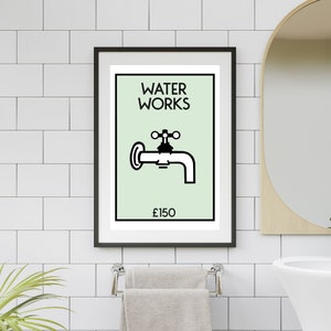 Download digital Impressão de monopólio Poster de arte de parede Water Works Monopoly Bathroom Print / Poster Propriedade Decoração de casa Ideia de presente Impressões de jogos de tabuleiro.