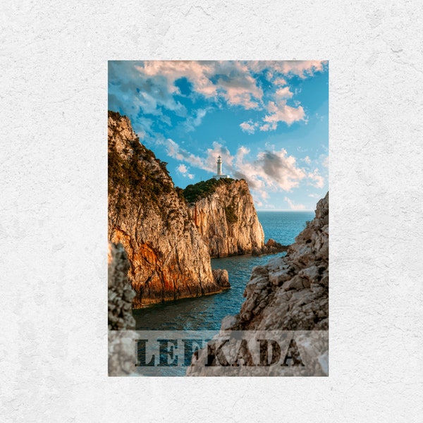 Lefkada Lighthouse Greek Island Holiday Art print. Cape Ducato Greece Poster