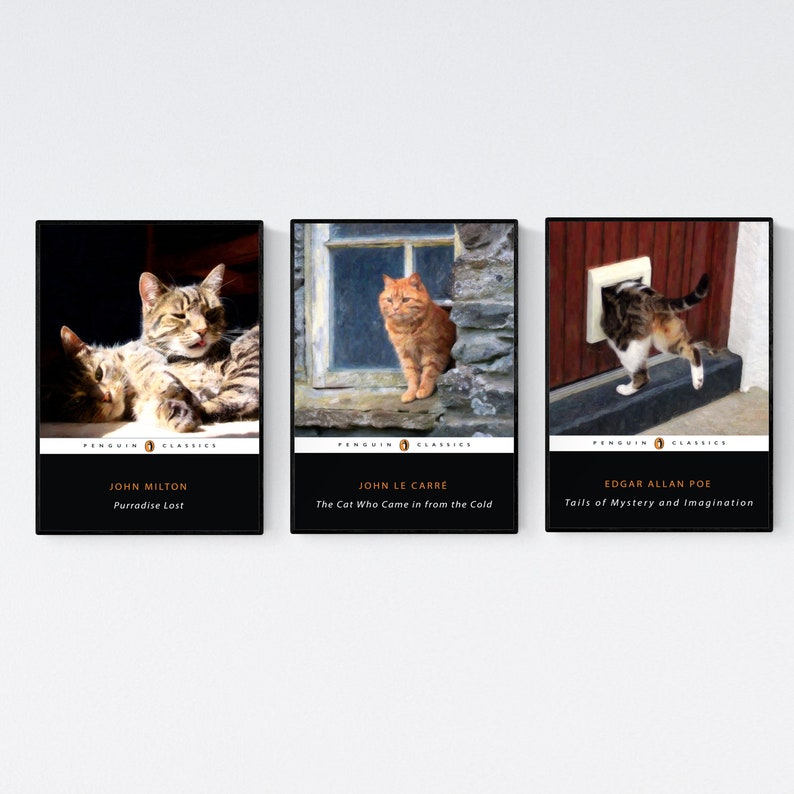 May include: Three Penguin Classics paperback books with cat illustrations on the covers. The first book is "Paradise Lost" by John Milton, the second book is "The Cat Who Came in from the Cold" by John le Carre, and the third book is "Tails of Mystery and Imagination" by Edgar Allan Poe.