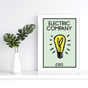 Monopoly Print Wall Art Poster Elektriciteitsbedrijf nutsbedrijven Print/Poster Property Home Decor Cadeau Idee Bordspel Prints. Nieuw huis cadeau