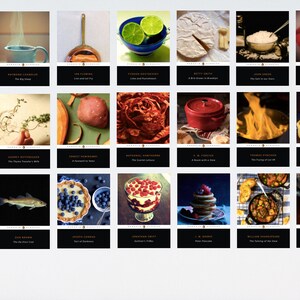 May include: A collage of 20 images showcasing various food and drink items, each with a title card below. The images include a pea pod, a steaming cup, a copper pan, limes in a bowl, a wheel of brie cheese, a bowl of rice, a red mouth with rice, a stack of cheese, a sprig of thyme, a sweet potato, red cabbage, a red cast iron pot, a pan of fire, a cornbread muffin, a grill with flames, a cod fish, a blueberry pie, a dessert trifle, a stack of pancakes, a bowl of stew, and a cup of tea with cookies.