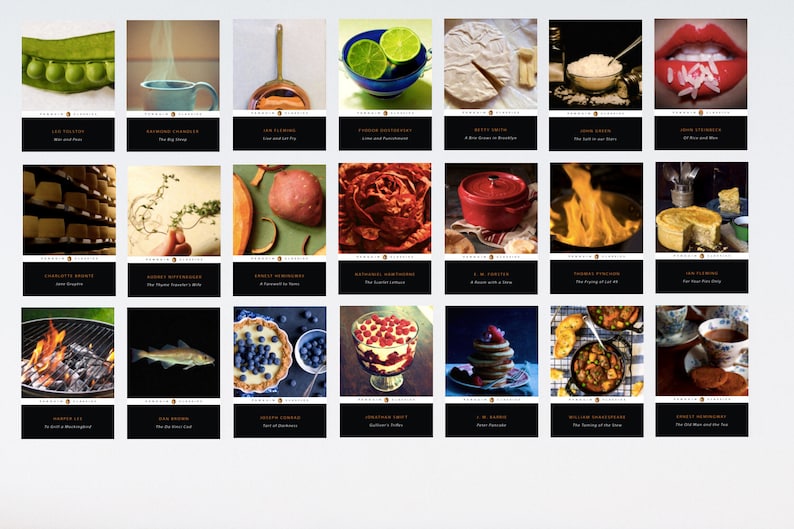 May include: A collage of 20 images showcasing various food and drink items, each with a title card below. The images include a pea pod, a steaming cup, a copper pan, limes in a bowl, a wheel of brie cheese, a bowl of rice, a red mouth with rice, a stack of cheese, a sprig of thyme, a sweet potato, red cabbage, a red cast iron pot, a pan of fire, a cornbread muffin, a grill with flames, a cod fish, a blueberry pie, a dessert trifle, a stack of pancakes, a bowl of stew, and a cup of tea with cookies.