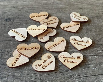 50 Scatter Decoration Wood Heart Personalized Table Decoration Bridal Groom Name Date Wish Name Wedding Scatter Decoration Scatter Hearts Decoration 3-cm
