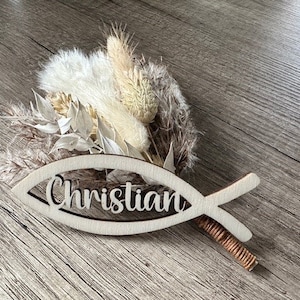 Peixe com placa de identificação personalizada com cartão de nome, presente para convidado, comunhão, confirmação, batismo
