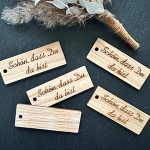 Houten hanger teken cadeaulabel Leuk dat je hier bent Rechthoekige gastengeschenkhanger Rechthoekige vorm