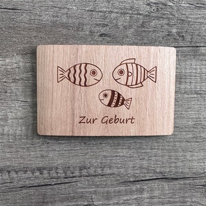 Grußkarte aus Holz Karte nachhaltig  Holzkarte Geschenk Geburt süße Fische Fisch Familie