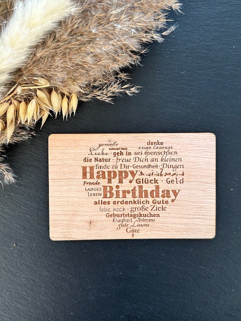 Holz-Postkarte „Happy Birthday“ – Handgefertigte Geburtstagskarte Aus Deutschland, Beschreibbar, DIN A6
