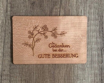 Wenskaart houten kaart houten cadeaubon beterschap voor herstel gezondheid zieke gedachten